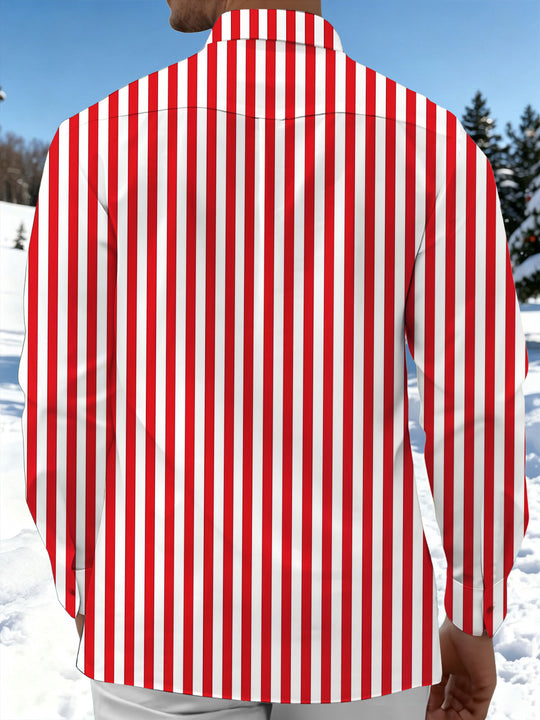 Adaychic Men's Striped Candy Cane Print Long Sleeve Shirt with Chest Pocket