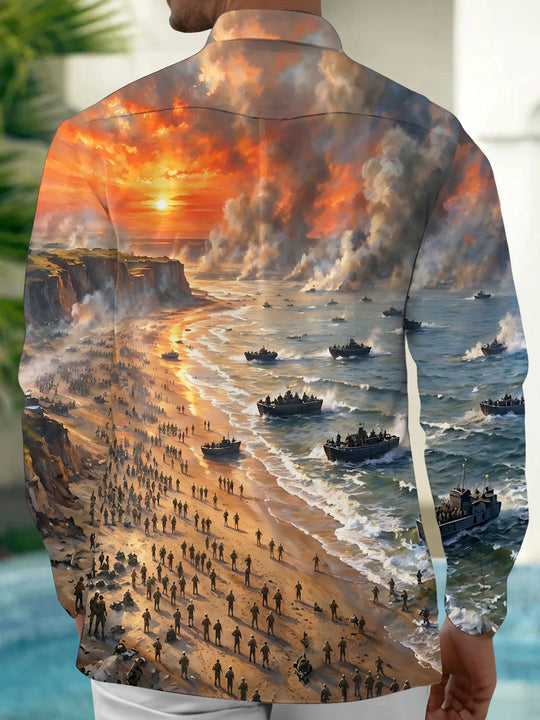 Adaychic Men's Long Sleeve Shirt - D-day Beach Landing Scene With Soldiers And Landing Craft Print with Chest Pocket