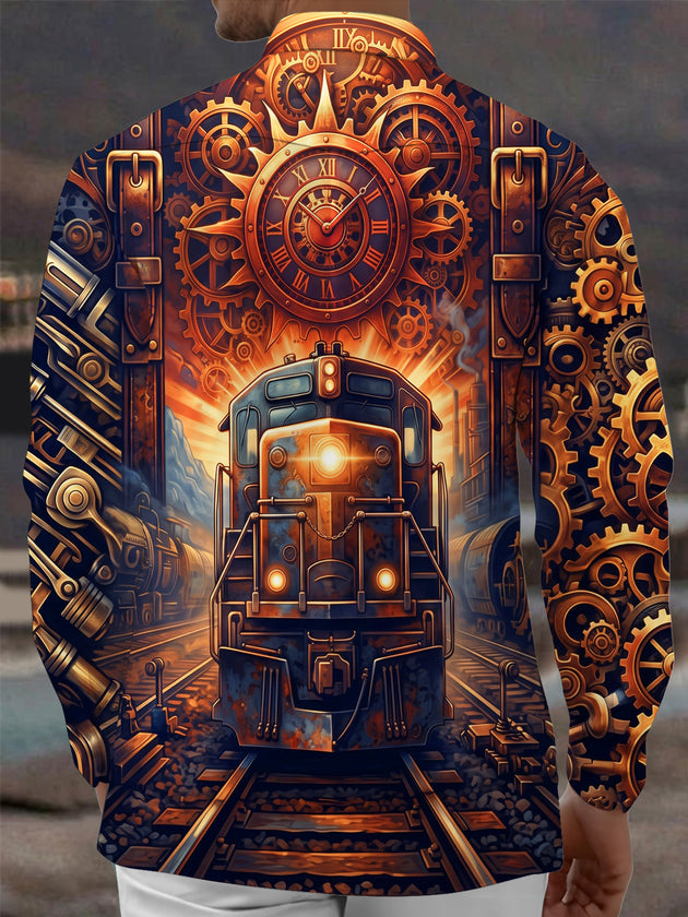 Adaychic Men's Graphic Steampunk Train And Gears Print Long Sleeve Shirt with Chest Pocket