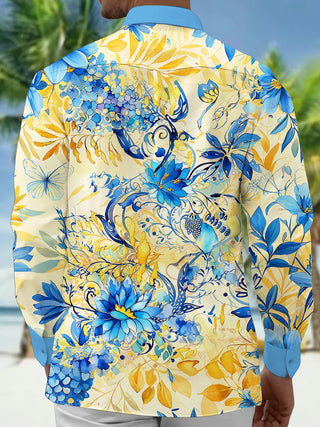 Adaychic Men's Blue Watercolor Flowers Print Long Sleeve Shirt with Chest Pocket