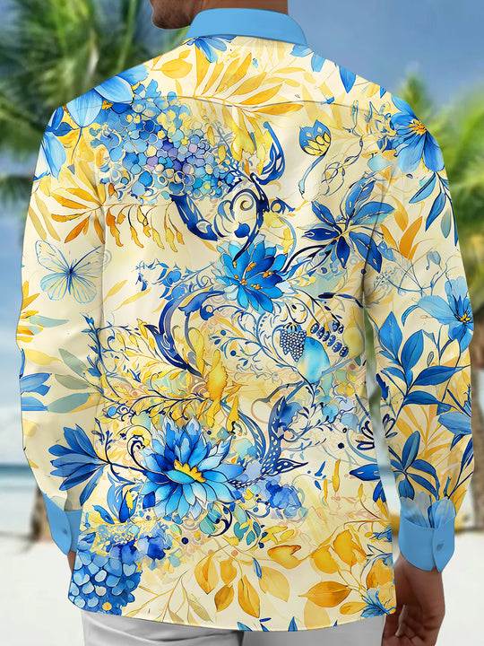 Adaychic Men's Blue Watercolor Flowers Print Long Sleeve Shirt with Chest Pocket