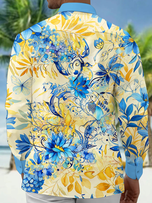 Adaychic Men's Blue Watercolor Flowers Print Long Sleeve Shirt with Chest Pocket
