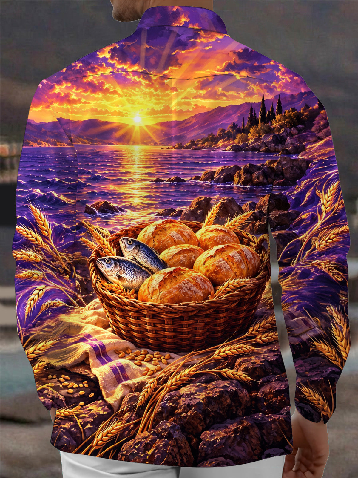 Adaychic Men's Basket Of Bread And Fish With Wheat Print Long Sleeve Shirt with Chest Pocket