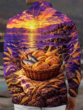 Adaychic Men's Basket Of Bread And Fish With Wheat Print Long Sleeve Shirt with Chest Pocket