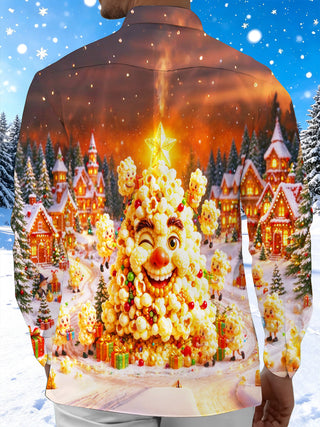 Adaychic Men's Long Sleeve Shirt - Popcorn Christmas Tree Character With Ornaments And Gifts Print with Chest Pocket