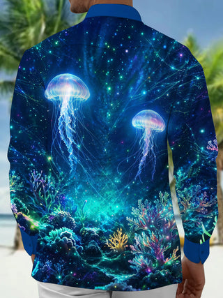 Adaychic Men's Hawaiian Neon Jellyfish And Coral Reef Print Long Sleeve Shirt with Chest Pocket