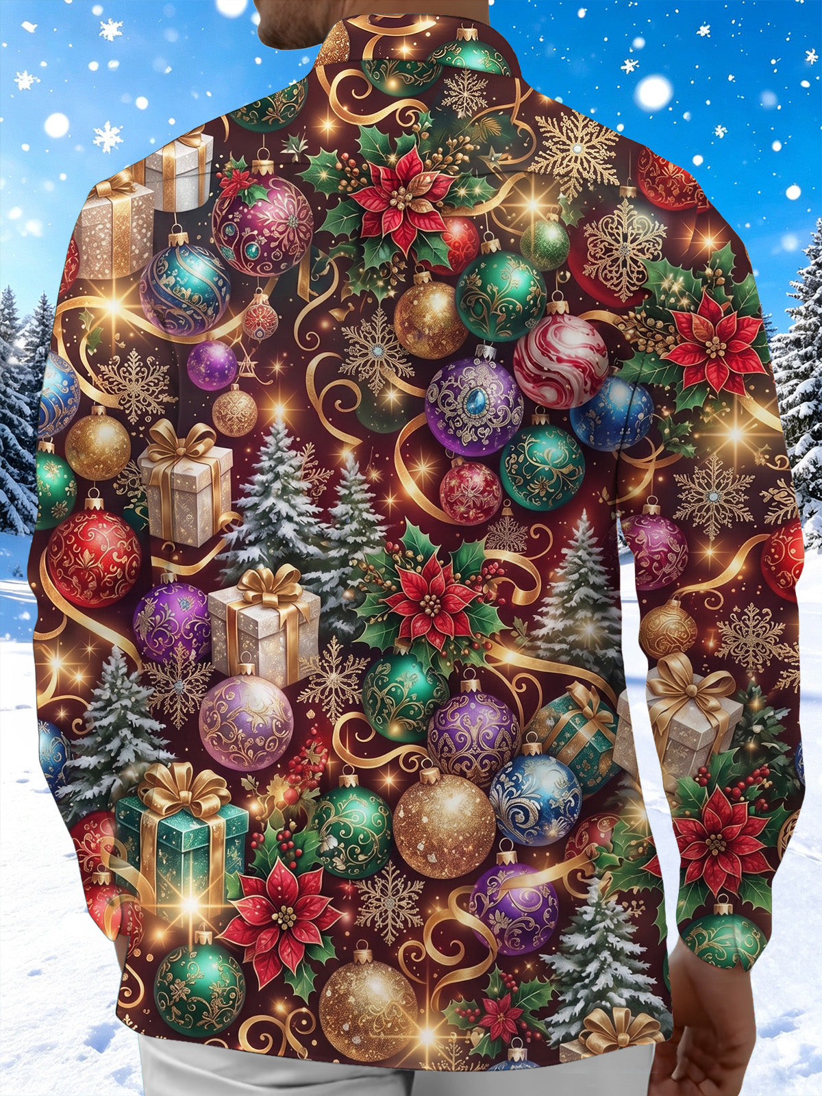 Adaychic Men's Printed Christmas Ornaments And Gifts Print Long Sleeve Shirt with Chest Pocket