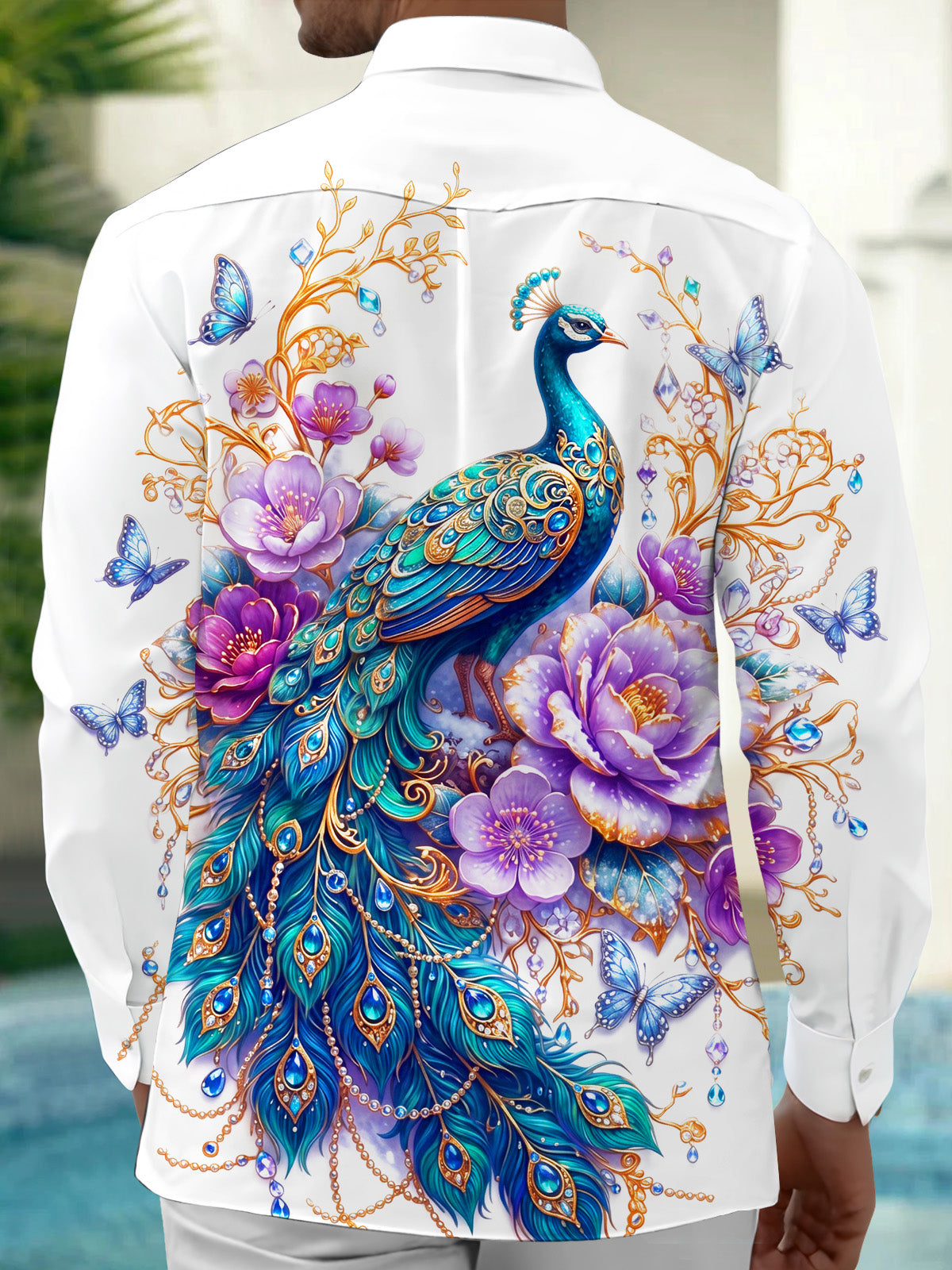 Adaychic Men's Printed Peacock And Floral Pattern Long Sleeve Shirt with Chest Pocket