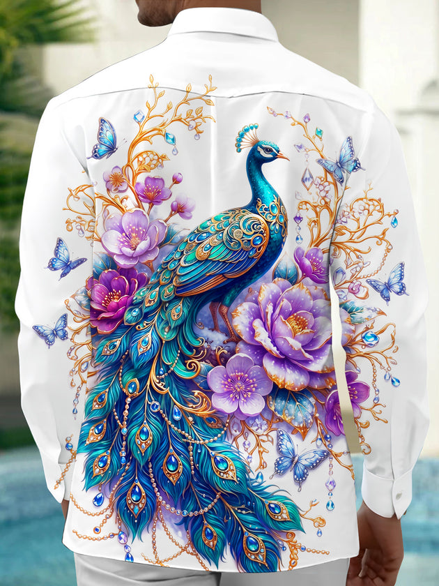 Adaychic Men's Printed Peacock And Floral Pattern Long Sleeve Shirt with Chest Pocket