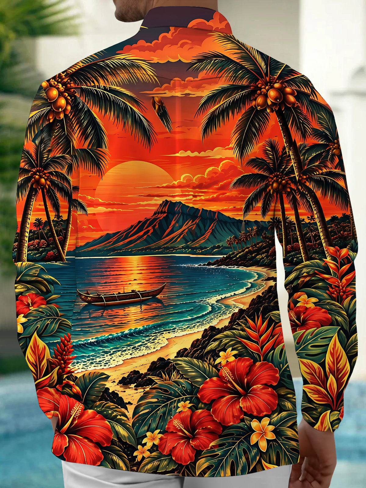 Adaychic Men's Long Sleeve Shirt - Hawaiian Sunset Beach Scene With Palm Trees And Hibiscus Print with Chest Pocket