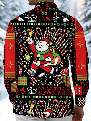 Adaychic Men's Graphic Pixel Art Christmas Cat Print Long Sleeve Shirt with Chest Pocket