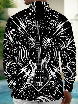 Adaychic Men's Bass Guitar With Stars And Lightning Print Long Sleeve Shirt with Chest Pocket