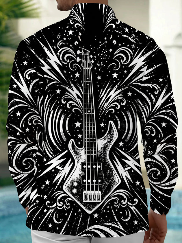Adaychic Men's Bass Guitar With Stars And Lightning Print Long Sleeve Shirt with Chest Pocket