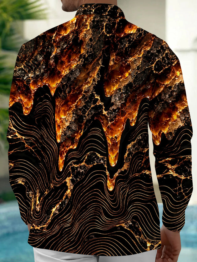 Adaychic Men's Abstract Geometric Lava And Wave Lines Print Long Sleeve Shirt with Chest Pocket