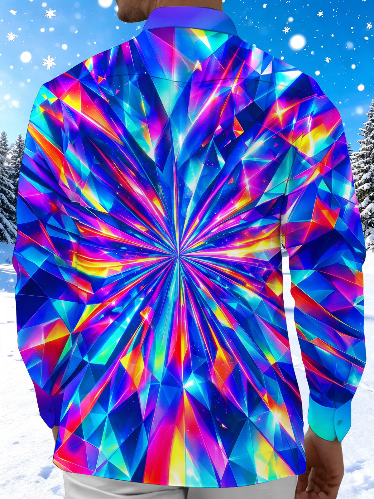 Adaychic Men's 3D Colorful Geometric Prism Pattern Long Sleeve Shirt with Chest Pocket