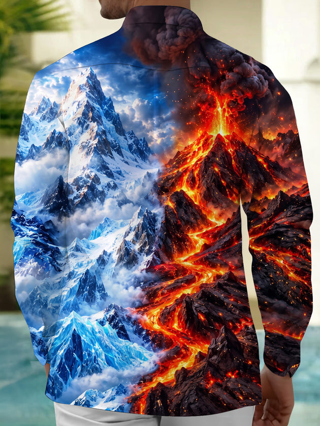 Adaychic Men's Printed Volcanic Eruption Print Long Sleeve Shirt with Chest Pocket