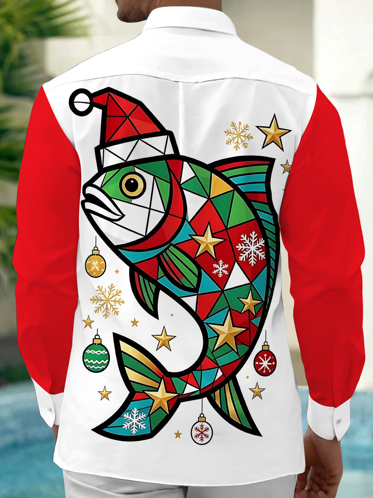 Adaychic Men's Geometric Fish With Santa Hat Print Long Sleeve Shirt with Chest Pocket