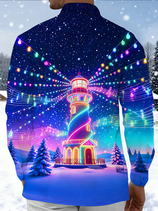 Adaychic Men's Graphic Neon Lighthouse Print Long Sleeve Shirt with Chest Pocket