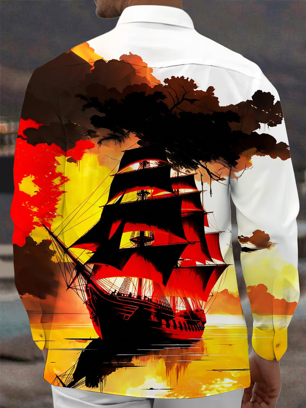 Adaychic Men's Printed Sailing Ship Sunset Print Long Sleeve Shirt with Chest Pocket