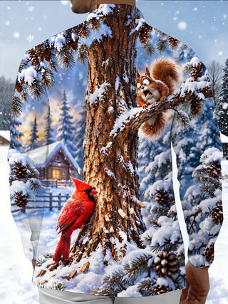 Adaychic Men's Graphic Winter Snowy Forest Print Long Sleeve Shirt with Chest Pocket