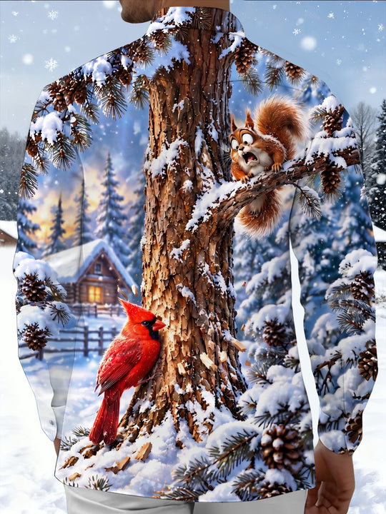 Adaychic Men's Graphic Winter Snowy Forest Print Long Sleeve Shirt with Chest Pocket