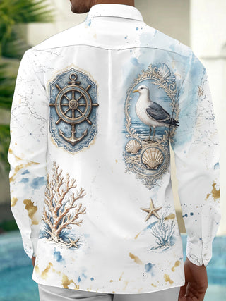 Adaychic Men's Vintage Nautical Marine Life Print Long Sleeve Shirt with Chest Pocket