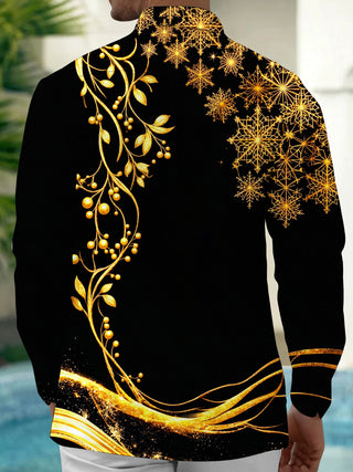 Adaychic Men's Printed Golden Branches And Snowflakes Print Long Sleeve Shirt with Chest Pocket