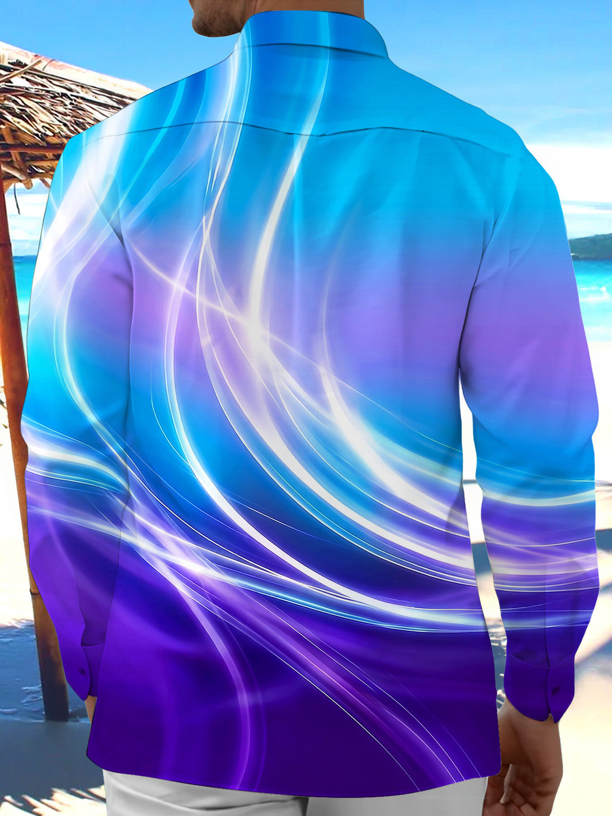 Adaychic Men's Printed Abstract Gradient Waves Print Long Sleeve Shirt with Chest Pocket