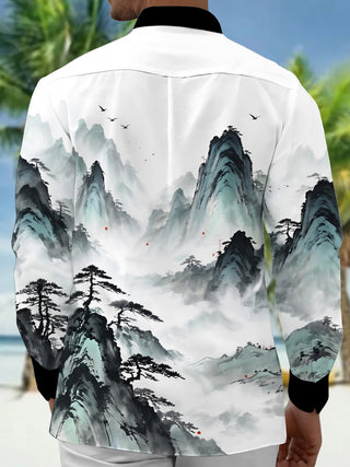 Adaychic Men's Long Sleeve Shirt - Chinese Landscape Mountains And Pine Trees Print with Chest Pocket