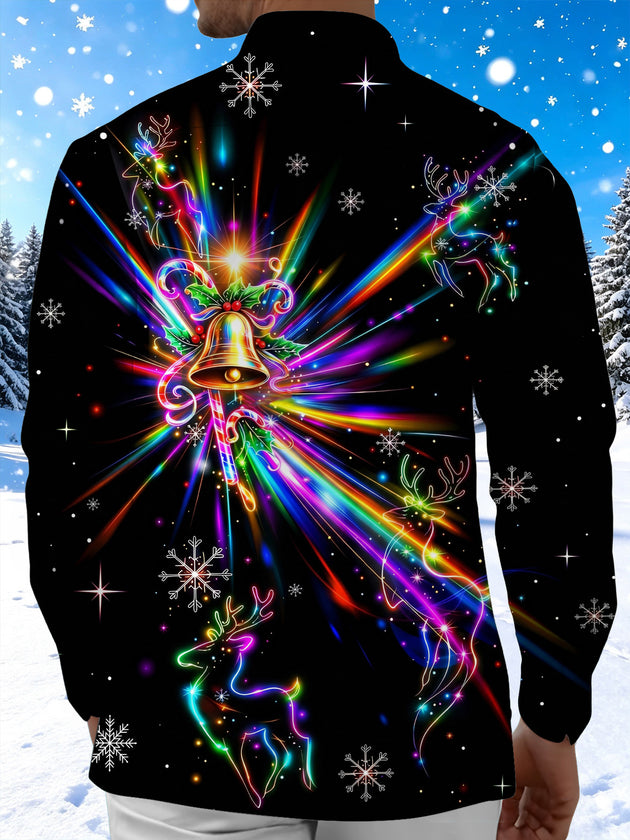 Adaychic Men's Graphic Neon Christmas Bell Print Long Sleeve Shirt with Chest Pocket
