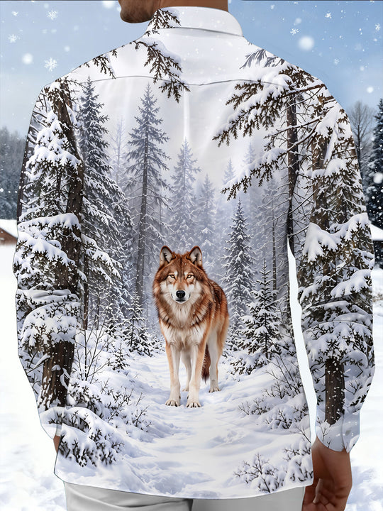 Adaychic Men's Printed Wolf In Snowy Forest Print Long Sleeve Shirt with Chest Pocket