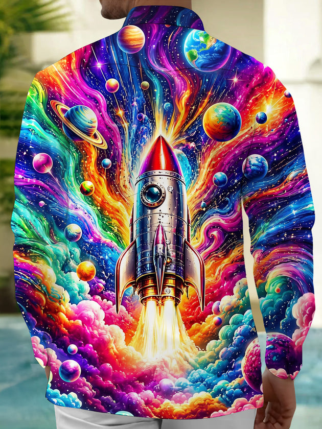 Adaychic Men's Graphic Rocket Launch Print Long Sleeve Shirt with Chest Pocket