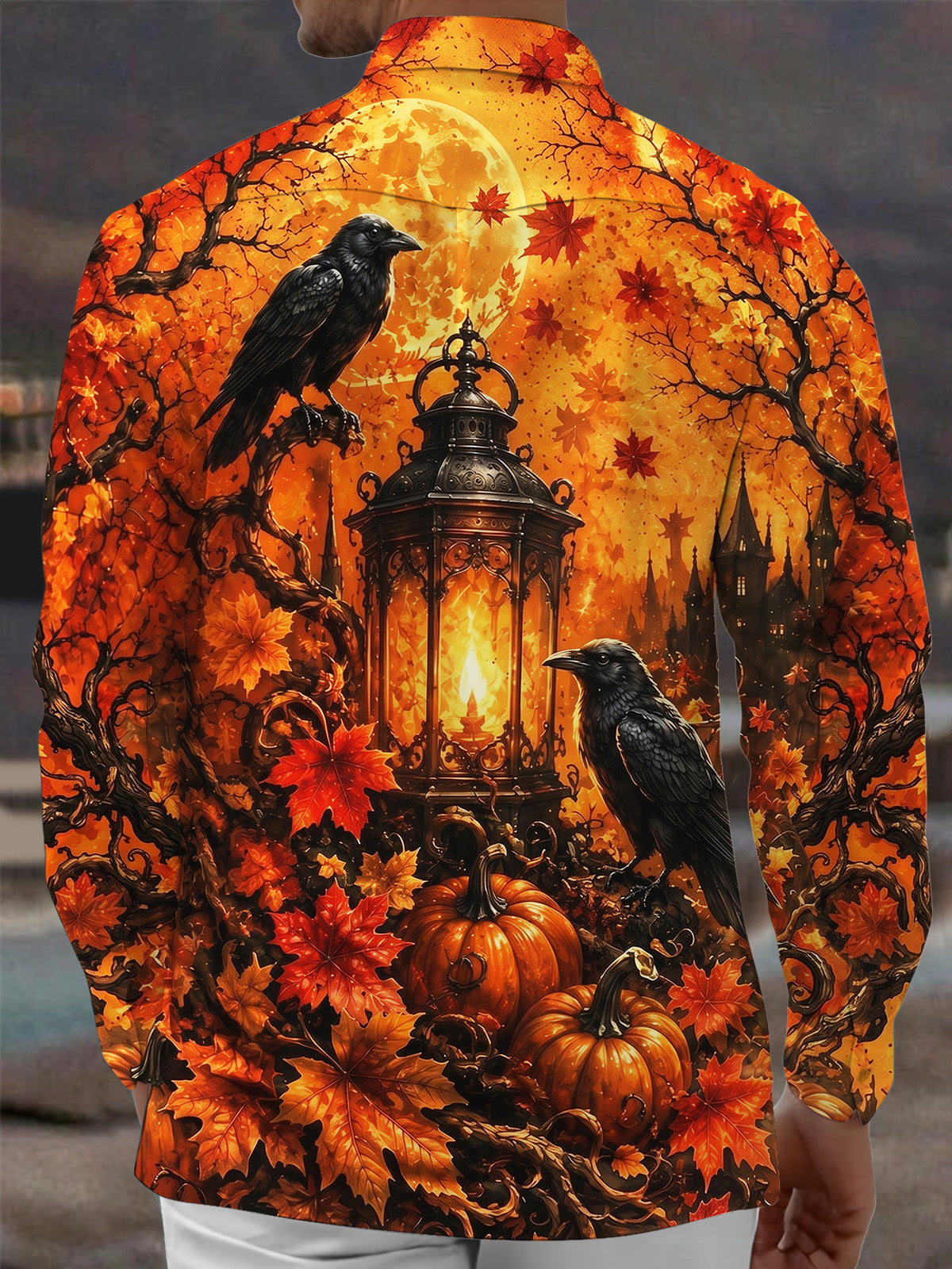 Adaychic Men's Printed Halloween Raven Castle Lantern Print Long Sleeve Shirt with Chest Pocket