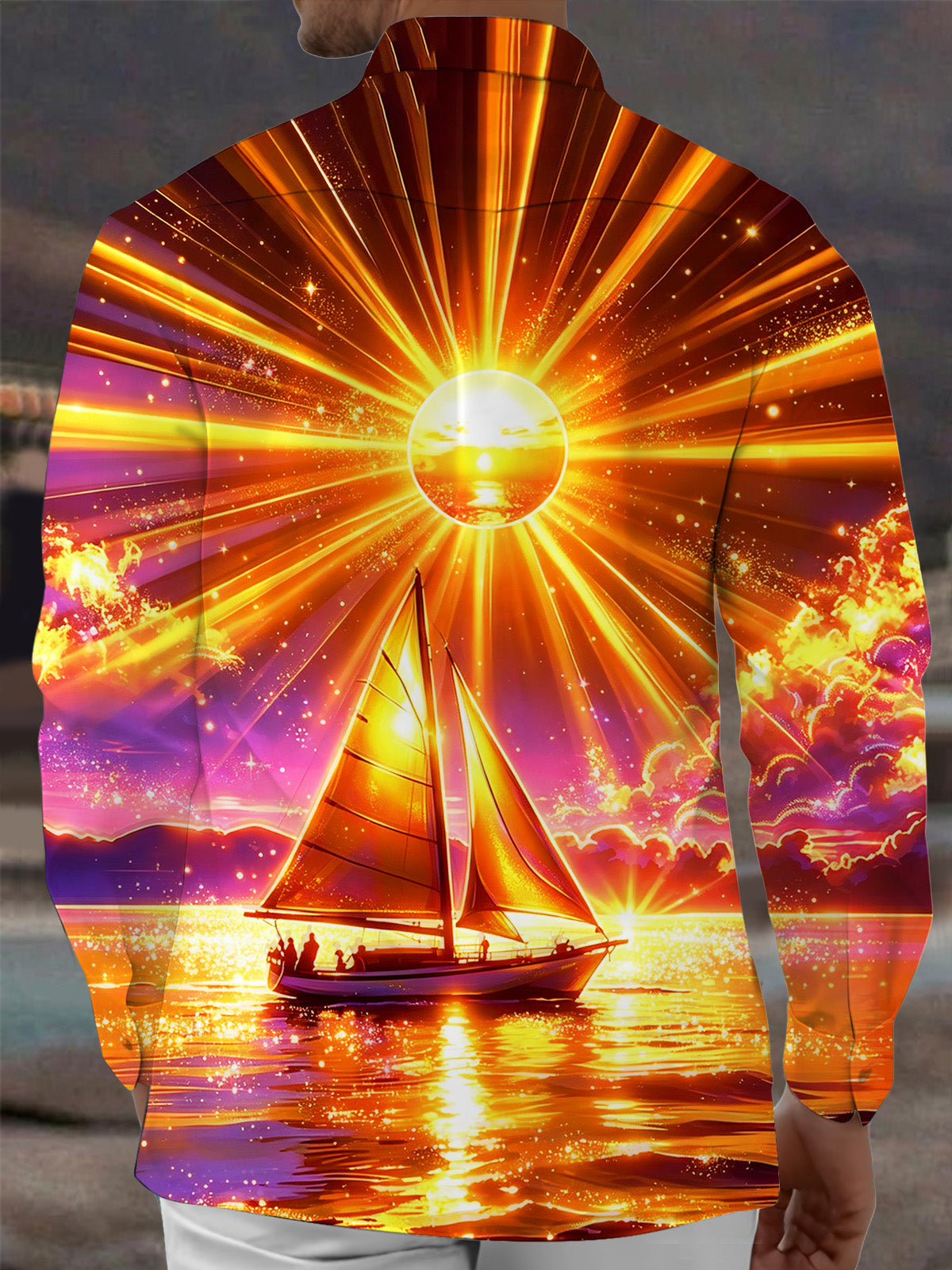 Adaychic Men's Printed Sailboat Sunset Print Long Sleeve Shirt with Chest Pocket