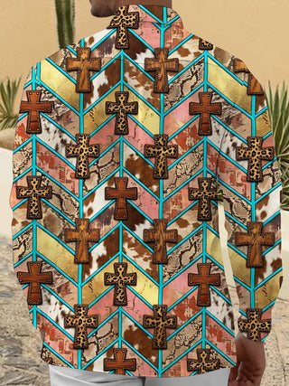 Adaychic Men's Long Sleeve Shirt - Crosses With Animal Prints And Geometric Lines Print with Chest Pocket