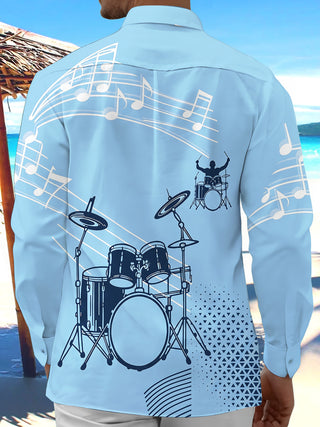 Adaychic Men's Graphic Drum Kit Print Music Notes Print Long Sleeve Shirt with Chest Pocket