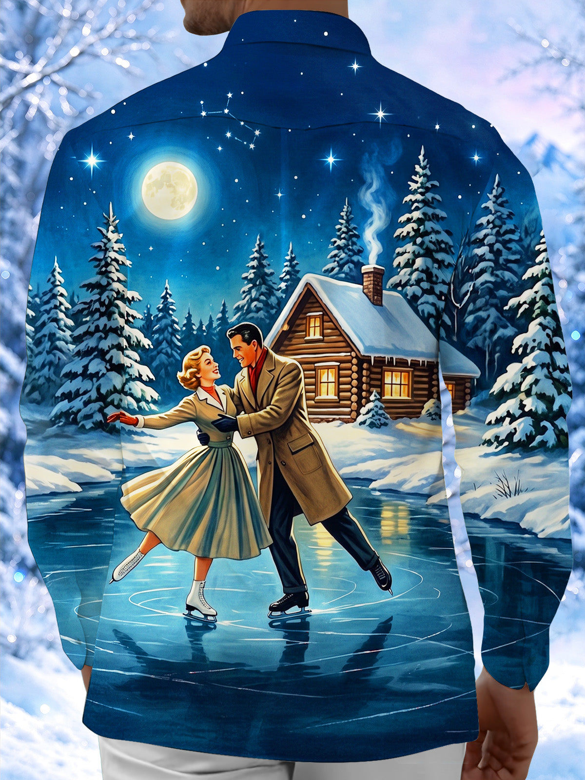 Adaychic Men's Vintage Style Vintage Couple Ice Skating Print Long Sleeve Shirt with Chest Pocket