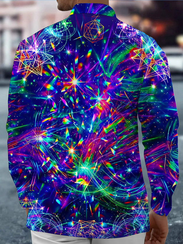 Adaychic Men's Printed Starry Sky Print Geometric Stars Print Long Sleeve Shirt with Chest Pocket