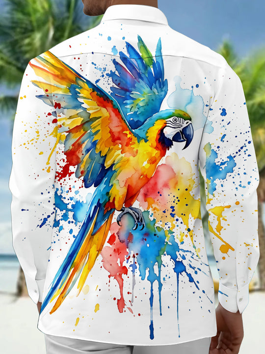 Adaychic Men's Short Sleeve Shirt - Watercolor Macaw Parrot With Splatter Paint Print with Chest Pocket