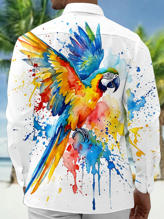 Adaychic Men's Short Sleeve Shirt - Watercolor Macaw Parrot With Splatter Paint Print with Chest Pocket