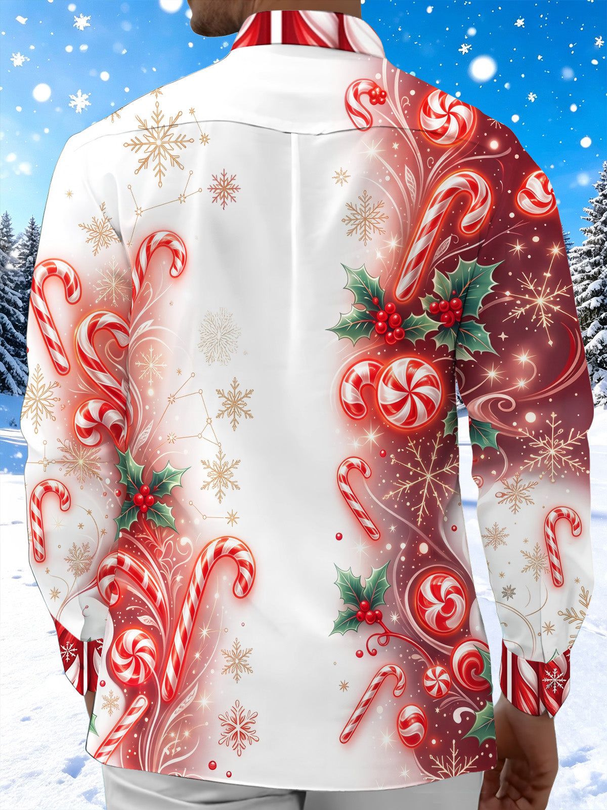 Adaychic Men's Christmas Candy Canes And Holly Berries Print Long Sleeve Shirt with Chest Pocket