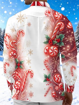 Adaychic Men's Christmas Candy Canes And Holly Berries Print Long Sleeve Shirt with Chest Pocket