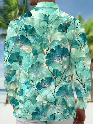 Adaychic Men's Hawaiian Ginkgo Leaf Pattern Long Sleeve Shirt with Chest Pocket