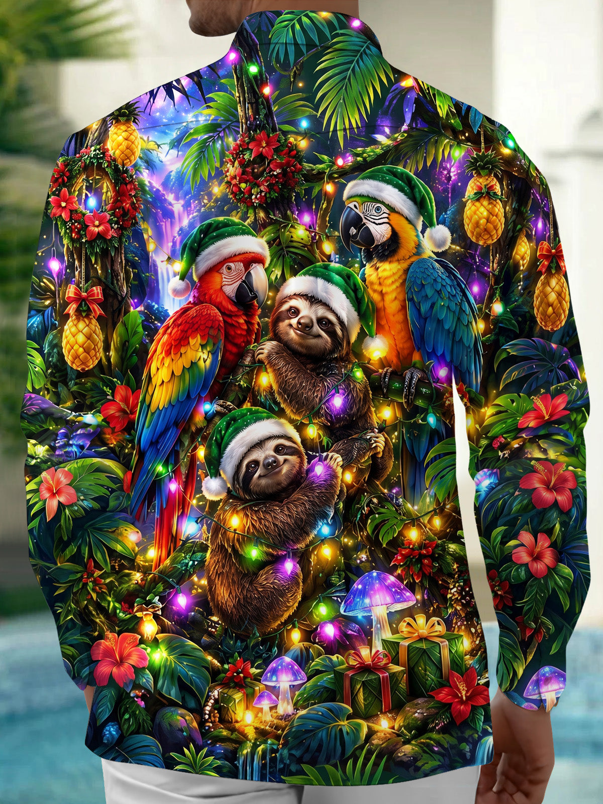 Adaychic Men's Hawaiian Christmas Sloths And Parrots Print Long Sleeve Shirt with Chest Pocket