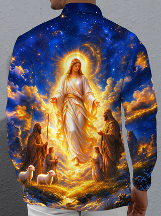Adaychic Men's Angelic Figure With Shepherds And Sheep Print Long Sleeve Shirt with Chest Pocket