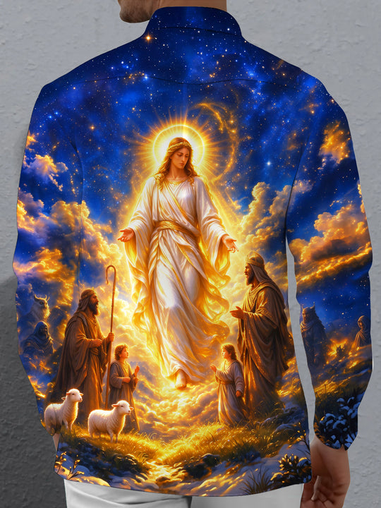 Adaychic Men's Angelic Figure With Shepherds And Sheep Print Long Sleeve Shirt with Chest Pocket