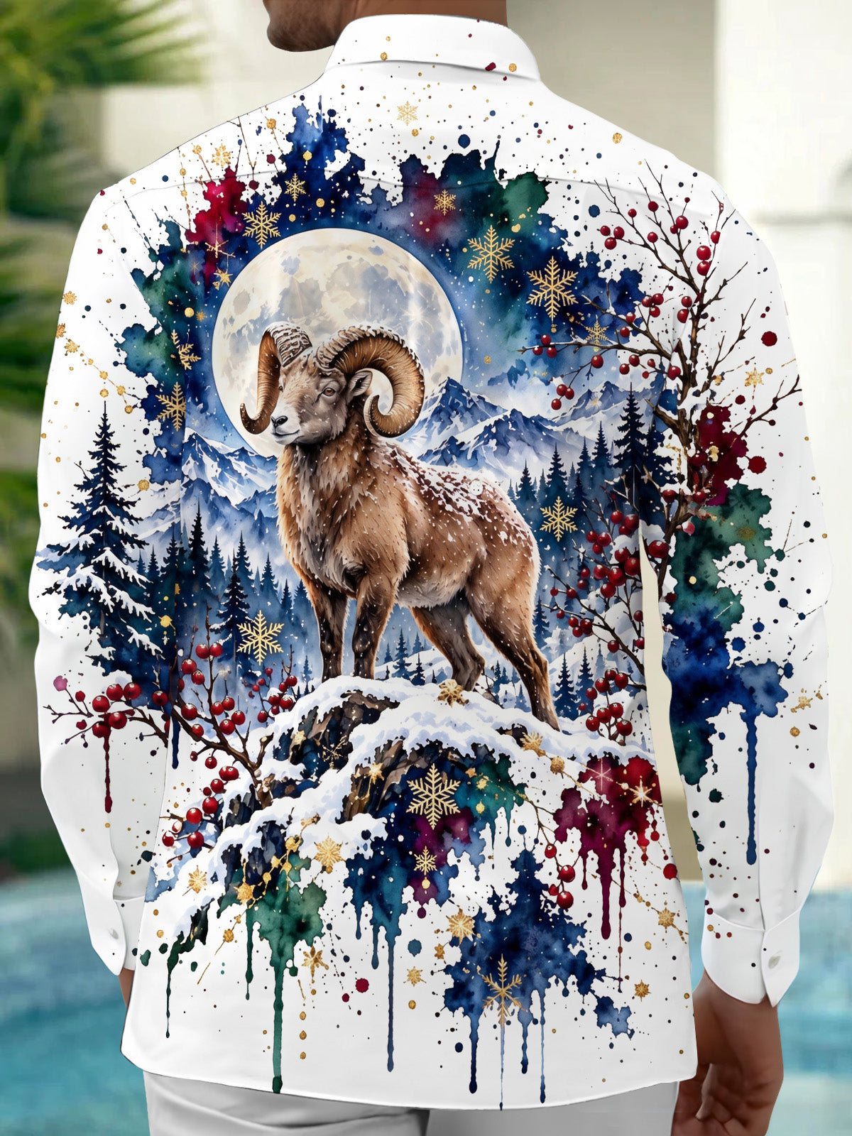 Adaychic Men's Antelope In Snowy Mountain Landscape Print Long Sleeve Shirt with Chest Pocket
