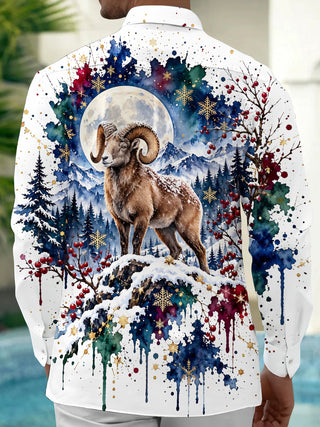 Adaychic Men's Antelope In Snowy Mountain Landscape Print Long Sleeve Shirt with Chest Pocket