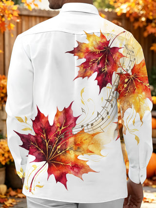 Adaychic Men's Autumn Maple Leaves And Music Score Print Long Sleeve Shirt with Chest Pocket