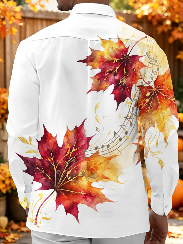 Adaychic Men's Autumn Maple Leaves And Music Score Print Long Sleeve Shirt with Chest Pocket